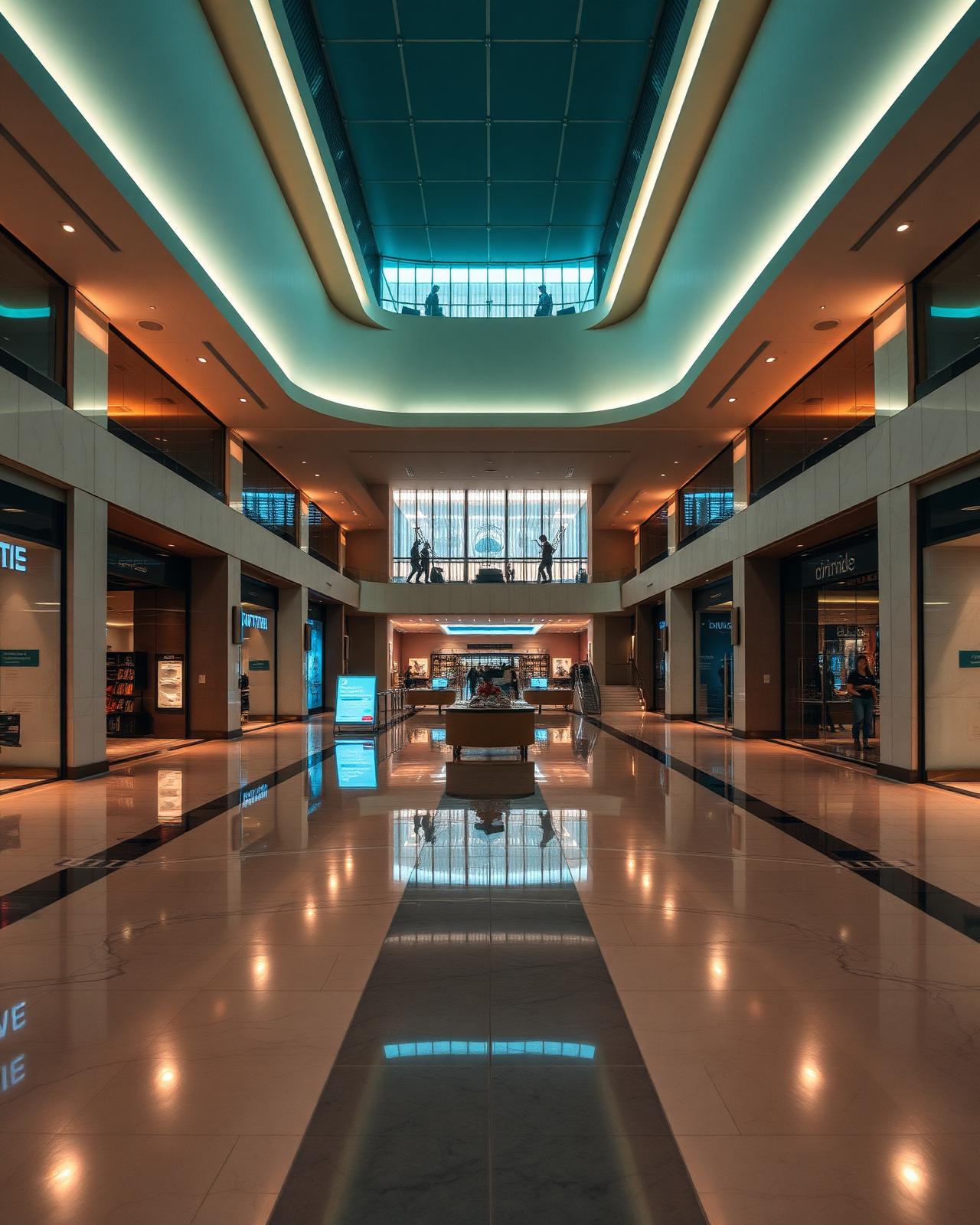 Lobby premium de shopping ao amanhecer, ambiente operacional silencioso antes da abertura
